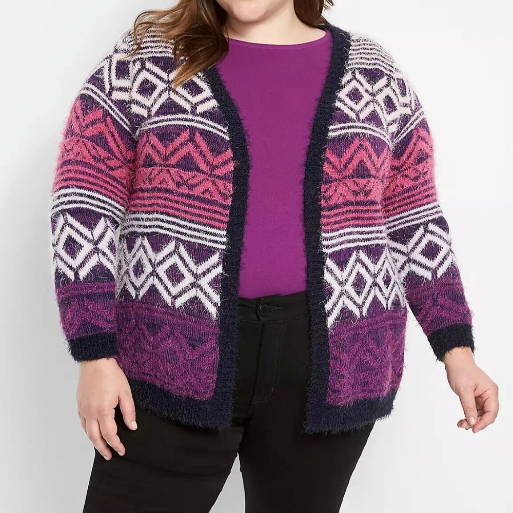 Lane Bryant Purple and Pink Aztec Knit Cardigan Sweater Size 18